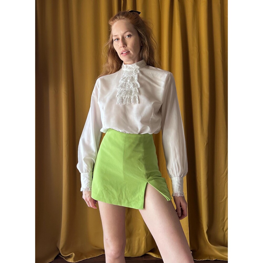 Vintage 1980s Tuxedo Ruffle Button Down Bishop Sleeve Blouse, Large